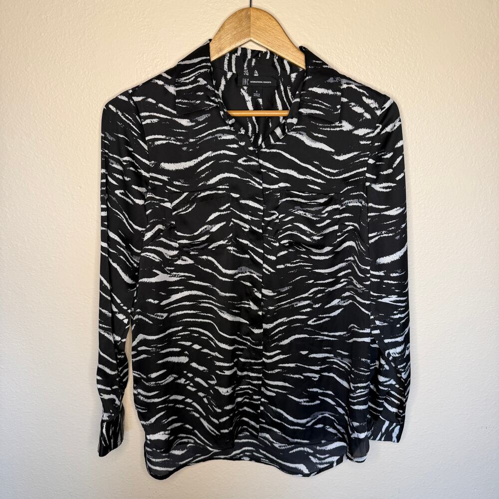 INC Black White Zebra Print Button Up Blouse Small